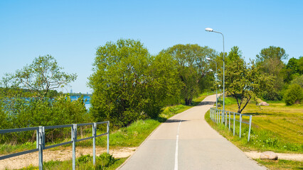 road in the park, photo of the park in summer, road, trees and river