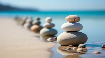 Fotobehang Spa Retreat by the Sea,  Zen Stones on a Sandy Beach A Snapshot of Calm, Purity, and Pure Relaxation. © touchedbylight