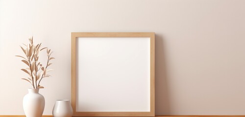 Blank wooden frame on a beige wall, capturing the essence of contemporary artistry and simplicity. Empty mockup.