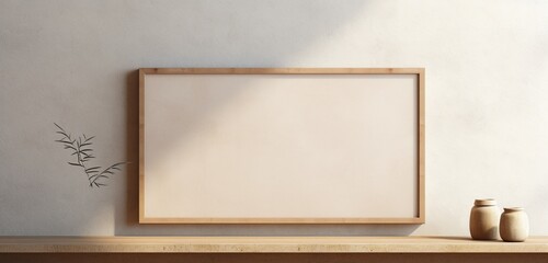 a wooden frame with an empty canvas is featured on a textured beige wall, creating a subtle and...
