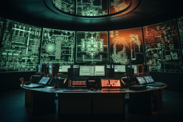 A control room with operators monitoring the intricate systems of a nuclear facility, ensuring precision and safety in power generation. Concept of nuclear energy management. Generative Ai. - obrazy, fototapety, plakaty