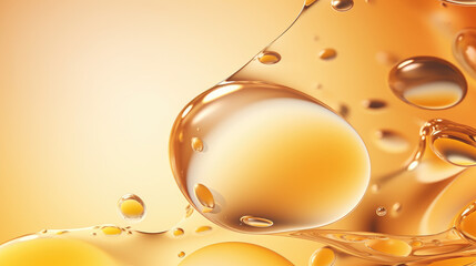 AI-generated golden liquid bubbles in a transparent fluid. Abstract background with bubbling drops.