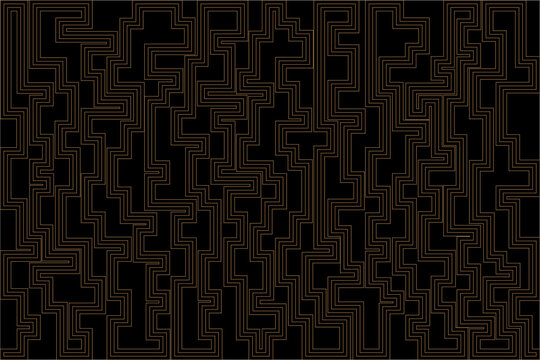 Abstract of background vector. Design labyrinth of line gold of black background. Design print for illustration, textile, puzzle, magazine, cover, card, background, wallpaper. Set 4