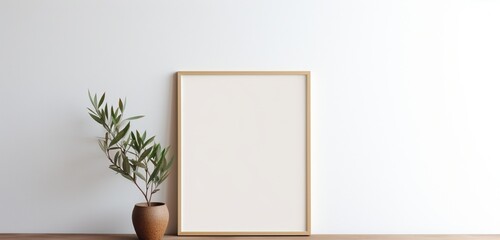 an empty mockup of a wooden frame against a neutral background features contemporary minimalism. The scene invites contemplation of the unembellished beauty and clean design within the wooden frame.