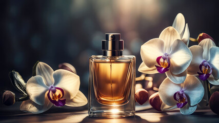 Perfume bottle and orchid fresh flowers on blurred grey bokeh background.Elite perfumery concept. Mockup for advertising and design. Generative AI. - obrazy, fototapety, plakaty