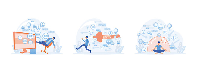 Input overloading.  Young man running away from information stream. Information overload. Information overload set flat vector modern illustration 