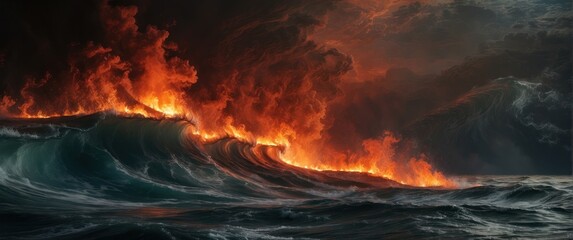 Fototapeta premium The ocean waves raged and fires blazed on the surface of the water.