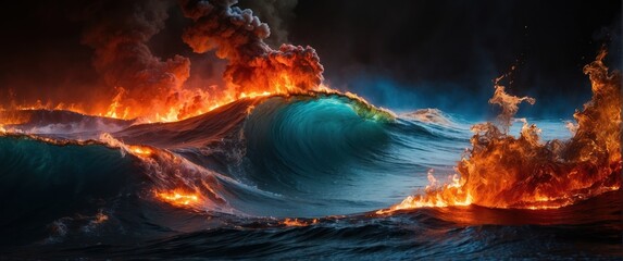The ocean waves raged and fires blazed on the surface of the water. - obrazy, fototapety, plakaty