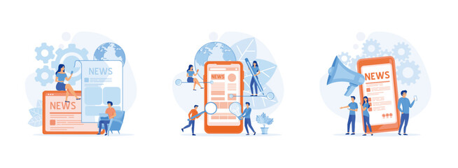 Reading latest or hot news online on smart phone or laptop. Online news mobile app. Online reading news. online news set flat vector modern illustration 