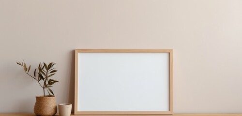 Empty mockup of a wooden frame against a soft gradient wall, creating an inviting canvas for imaginative artwork.