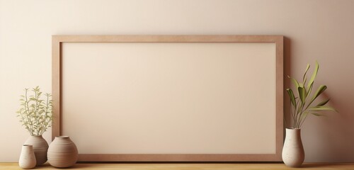 In the view of a camera, an empty mockup of a wooden frame against a beige wall is observed, creating a serene atmosphere. The scene is tranquil and ready for creative inspiration.