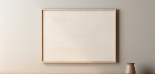 Minimalist wooden frame on a beige wall, offering a blank canvas as a versatile platform for creative endeavors. Empty mockup.