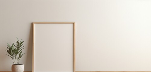 On the beige wall, a modern wooden frame is photographed, featuring an empty canvas. The empty mockup exudes a contemporary vibe with its minimalist design.