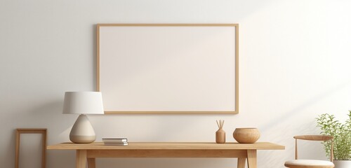 The lens captures a modern wooden frame hanging on a beige wall, showcasing an empty canvas. The empty mockup radiates a modern and clean aesthetic.