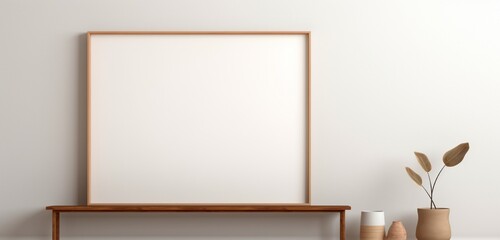  a subtle wooden frame showcasing an empty canvas against a neutral background is observed. The minimalist art mockup radiates a sense of calm and artistic refinement. - obrazy, fototapety, plakaty