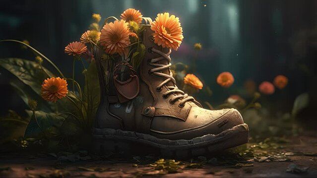 shoes surrounded by flowers on the ground, environmental protection. Created with Generative AI.	