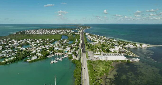 Aerial above Florida Overseas highway near Islamorada on Florida Keys	