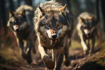 Obraz premium A pack of wolves working together to hunt, exemplifying the intricate social structures within wildlife communities. Concept of cooperation and hierarchy in the animal kingdom. Generative Ai.