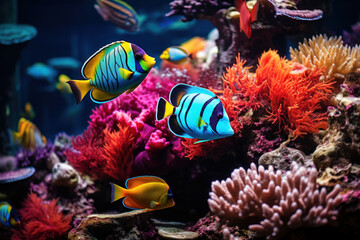 A colorful array of tropical fish navigating through a coral garden, highlighting the intricate beauty of underwater ecosystems. Concept of the diversity and fragility of marine life. Generative Ai. - obrazy, fototapety, plakaty