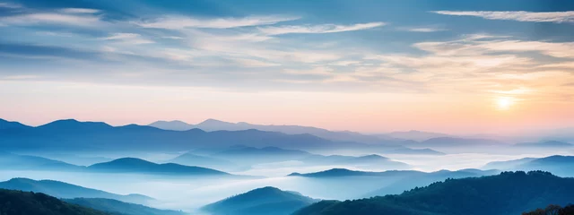  Amazing mountain landscape  banner with colorful vivid sunset travel background. Amazing nature scenery mountains under mist in the morning. Sunrise, sunset over the mountains  © Mrt