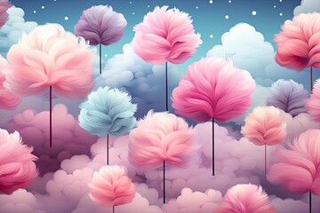 Cotton candy, forest and trees made of cotton candy. Sweets pattern
