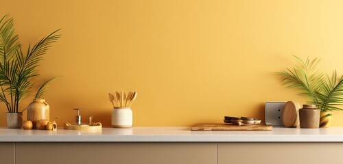 A modern kitchen countertop adorned with stylish bamboo utensils against a backdrop of lively gold walls in a tropical theme.