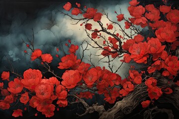 Red flowers in Japanese style. Japanese style illustration