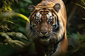 A regal Bengal tiger patrolling its territory in the dense jungle, highlighting the critical conservation efforts needed to protect endangered big cat species.  Generative Ai.