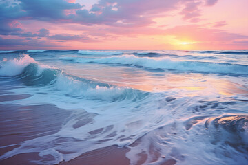 Morning waves, painted in hues of soft pastels, embrace the dawn with a tranquil embrace, welcoming...