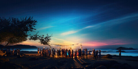 Twilight beach dance party in Brazil, Rio De Janeiro, with beautiful dusk tropical skies and...