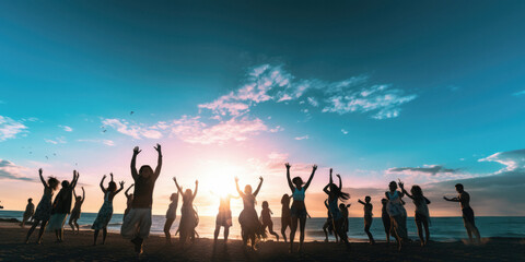 Fototapeta premium Twilight beach dance party in Brazil, Rio De Janeiro, with beautiful dusk tropical skies and hanging lightbulbs, in a tropical setting