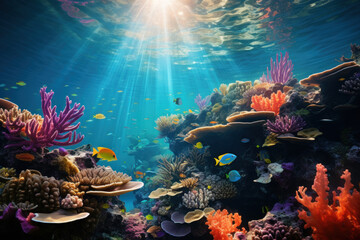 Iridescent waves, ablaze with the vibrant hues of a coral reef beneath the surface, create a living...