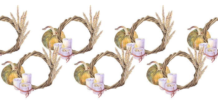 Seamless rim with watercolor wreath branches with copy space and candle and pumpkin on white background. Brown hand-drawn border for celebration pattern. Boho decor. Wallpaper or wrapping