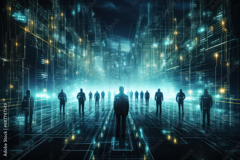 Poster cyberspace hackers navigating through a digital labyrinth of floating code and firewalls, highlighti