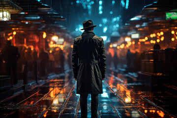 A cyberpunk detective in a rain-soaked alley, neon lights reflecting off wet pavement, investigates a futuristic crime scene, capturing the essence of a tech-noir narrative. Generative Ai. - obrazy, fototapety, plakaty