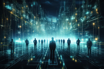 Cyberspace hackers navigating through a digital labyrinth of floating code and firewalls, highlighting the thrilling world of virtual espionage and cyber warfare. Generative Ai.