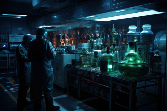 A clandestine laboratory where scientists conduct experiments on alien specimens, exploring the mysteries of extraterrestrial biology and technology. Generative Ai.