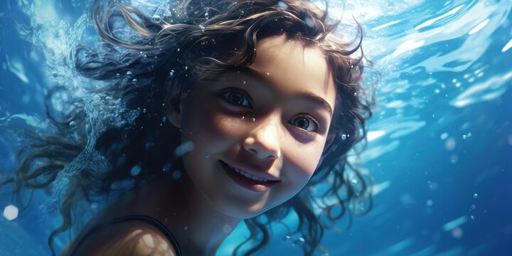 underwater girl with portrait, water and wave backgrounds, generative AI