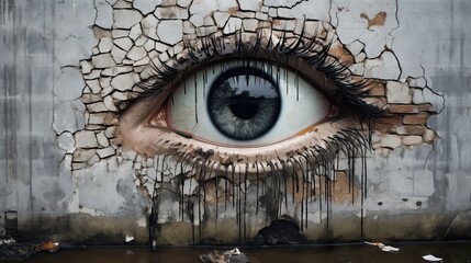 A wall, broken by a deep impact, reveals a sorrowful eye behind it, symbolizing the pain and sadness caused by human aggression and destruction. Generative AI. - obrazy, fototapety, plakaty