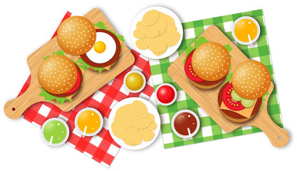 Burgers, fries and drinks