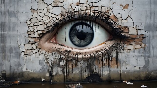 A wall, broken by a deep impact, reveals a sorrowful eye behind it, symbolizing the pain and sadness caused by human aggression and destruction. Generative AI.