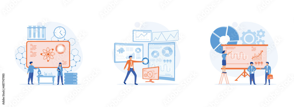 Poster data scientist, looking and interacting with virtual dashboard to analyze data, big data science ana