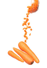 Three Carrot fresh full length fly in air. Beta Carotene orange color in Carrot is good health. Natural raw surface of carrot with root. White background isolated, high speed shutter
