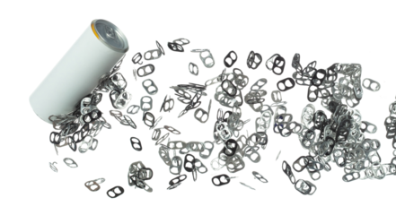 Can Caps fly in mid air, aluminium canned cap falling scatter, recycle from trash can cap explosion float. White background isolated freeze motion high speed shutter