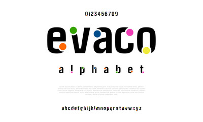 Evaco creative modern urban alphabet font. Digital abstract moslem, futuristic, fashion, sport, minimal technology typography. Simple numeric vector illustration