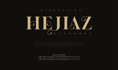 Heijaz premium luxury elegant alphabet letters and numbers. Elegant wedding typography classic serif font decorative vintage retro. Creative vector illustration