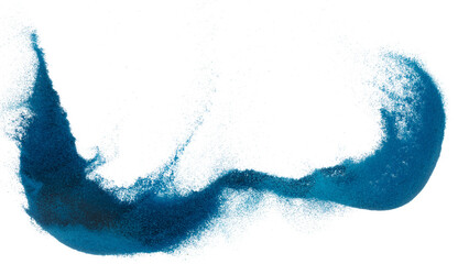 Blue Sand flying explosion, Ocean sands grain wave explode. Abstract cloud fly, colored splash throwing in Air. White background Isolated high speed shutter, throwing freeze stop