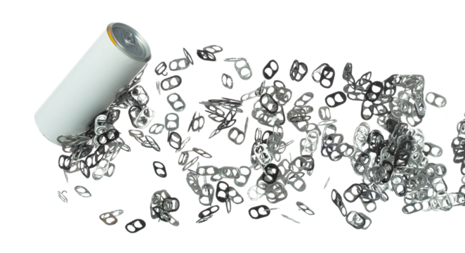 Can Caps fly in mid air, aluminium canned cap falling scatter, recycle from trash can cap explosion float. White background isolated freeze motion high speed shutter