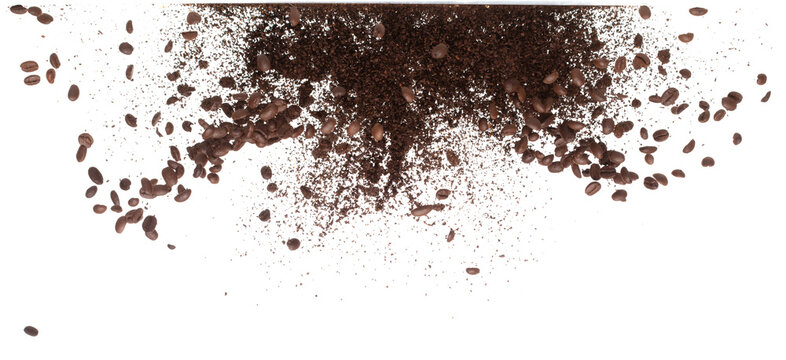 Coffee powder mix bean fly explosion, Coffee crushed mix seed float explode, abstract cloud fly. Coffee dust powder bean splash throwing in Air. White background Isolated high speed shutter, freeze
