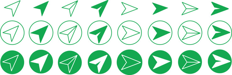 Green Flat Message send icons Set. Direct messages or DM symbols editable stock. Send post or mail or email arrows icons. Plane origami send icons for web designs isolated on transparent background.